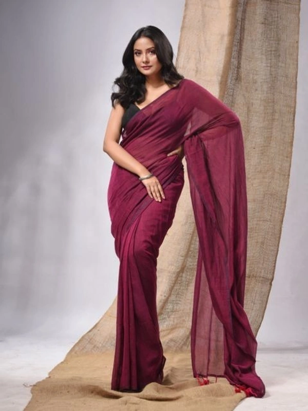 Handloom Solid Color Contrast Long Tassel Saree - Buccaneer, Cotton (CK)