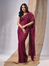 Handloom Solid Color Contrast Long Tassel Saree - Buccaneer, Cotton (CK)