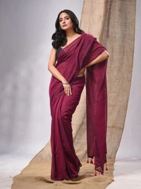 Handloom Solid Color Contrast Long Tassel Saree - Buccaneer, Cotton (CK)