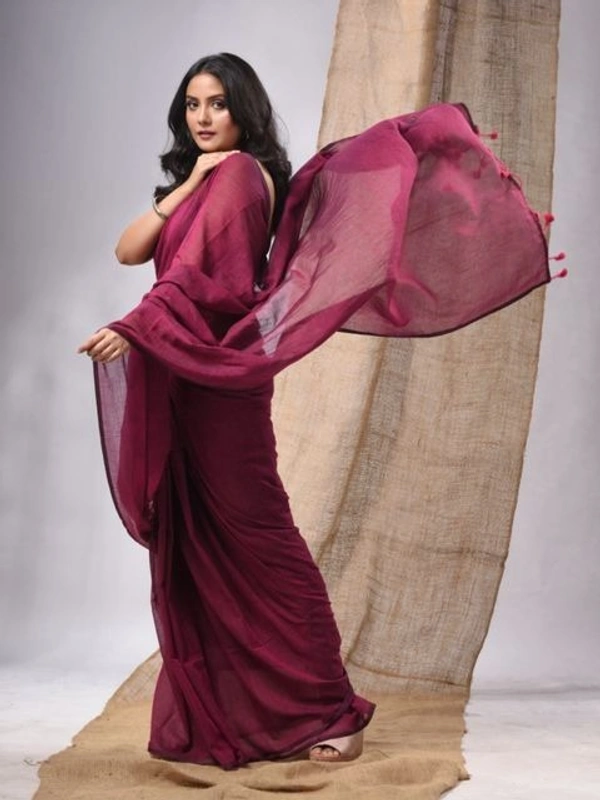 Handloom Solid Color Contrast Long Tassel Saree - Buccaneer, Cotton (CK)