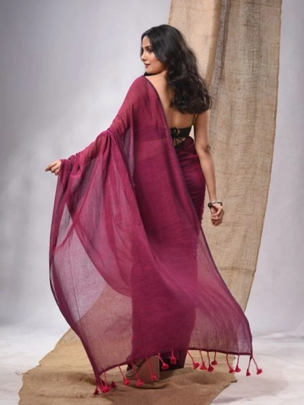 Handloom Solid Color Contrast Long Tassel Saree - Buccaneer, Cotton (CK)