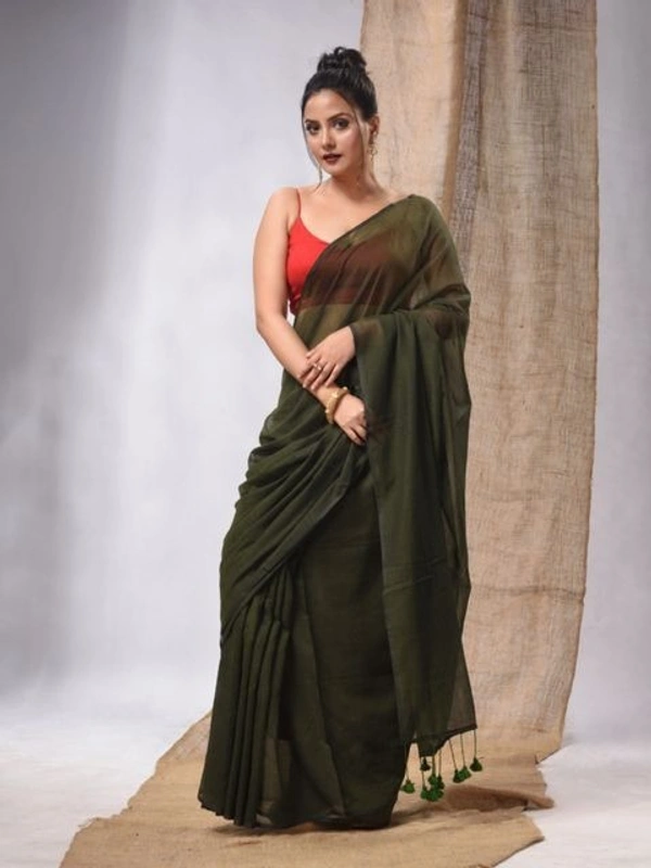 Handloom Solid Color Contrast Long Tassel Saree - Costa Del Sol, Cotton (CK)