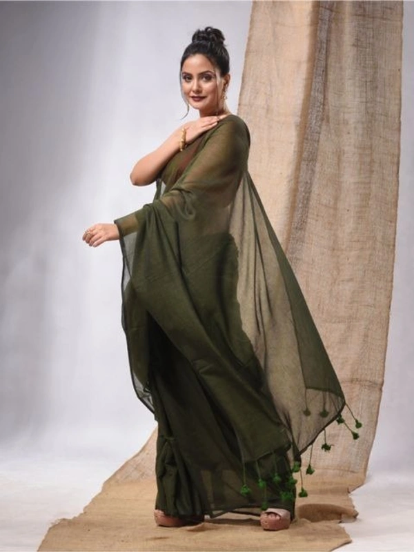 Handloom Solid Color Contrast Long Tassel Saree - Costa Del Sol, Cotton (CK)