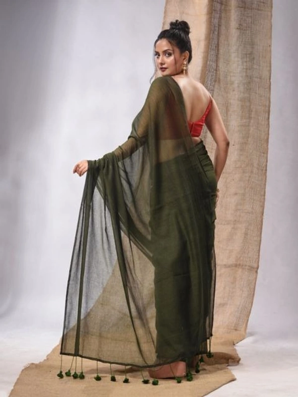 Handloom Solid Color Contrast Long Tassel Saree - Costa Del Sol, Cotton (CK)