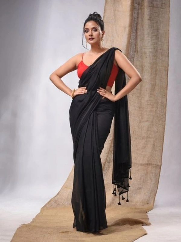 Handloom Solid Color Contrast Long Tassel Saree - Black, Cotton (CK)