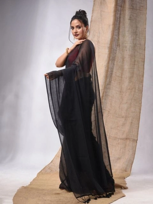 Handloom Solid Color Contrast Long Tassel Saree - Black, Cotton (CK)