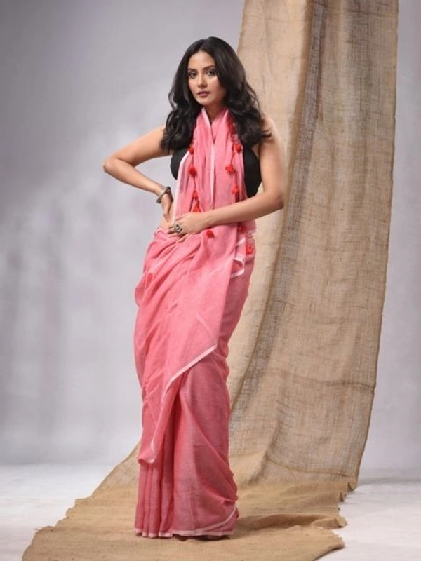 Handloom Solid Color Contrast Long Tassel Saree - Pink, Cotton (CK)