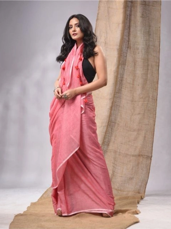 Handloom Solid Color Contrast Long Tassel Saree - Pink, Cotton (CK)