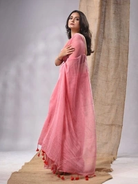 Handloom Solid Color Contrast Long Tassel Saree - Pink, Cotton (CK)