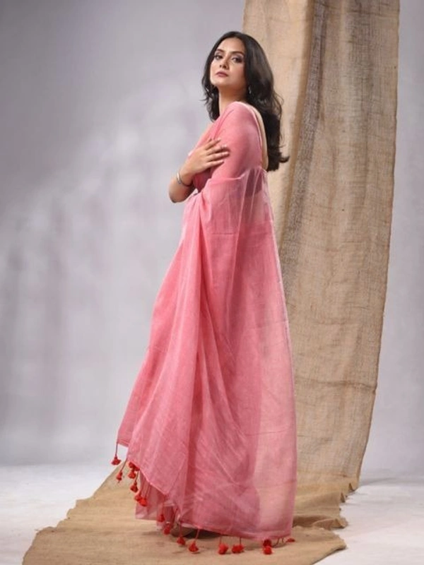 Handloom Solid Color Contrast Long Tassel Saree - Pink, Cotton (CK)