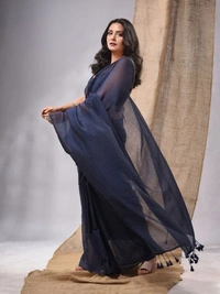 Handloom Solid Color Contrast Long Tassel Saree - Jacarta, Cotton (CK)