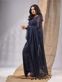Handloom Solid Color Contrast Long Tassel Saree - Jacarta, Cotton (CK)