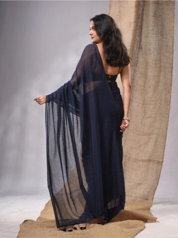 Handloom Solid Color Contrast Long Tassel Saree - Jacarta, Cotton (CK)
