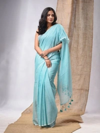 Handloom Solid Color Contrast Long Tassel Saree - Malibu, Cotton (CK)