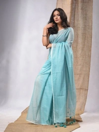 Handloom Solid Color Contrast Long Tassel Saree - Malibu, Cotton (CK)
