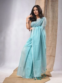 Handloom Solid Color Contrast Long Tassel Saree - Malibu, Cotton (CK)