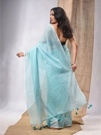 Handloom Solid Color Contrast Long Tassel Saree - Malibu, Cotton (CK)