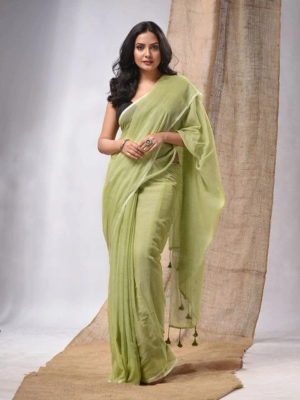 Handloom Solid Color Contrast Long Tassel Saree - Olive, Cotton (CK)
