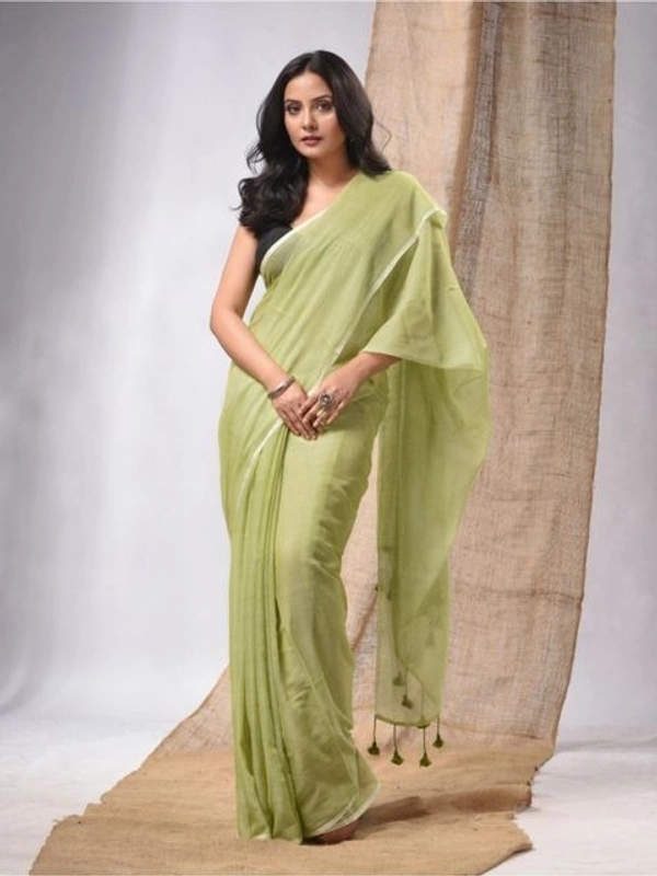 Handloom Solid Color Contrast Long Tassel Saree - Olive, Cotton (CK)