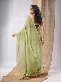 Handloom Solid Color Contrast Long Tassel Saree - Olive, Cotton (CK)