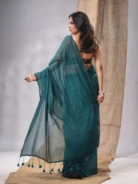 Handloom Solid Color Contrast Long Tassel Saree - Sea Green, Cotton (CK)
