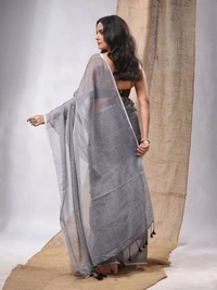 Handloom Solid Color Contrast Long Tassel Saree - Silver, Cotton (CK)