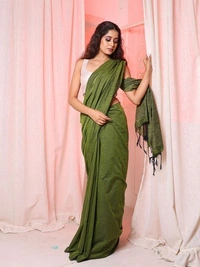 Handloom Solid Color Gichha Strips Pallu Saree - Olive