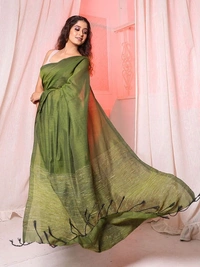 Handloom Solid Color Gichha Strips Pallu Saree - Olive