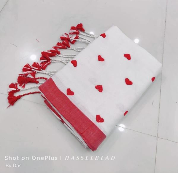 Handloom Love Motive Embroidered Saree - White