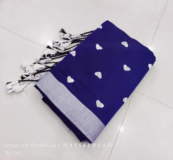 Handloom Love Motive Embroidered Saree - Navy Blue