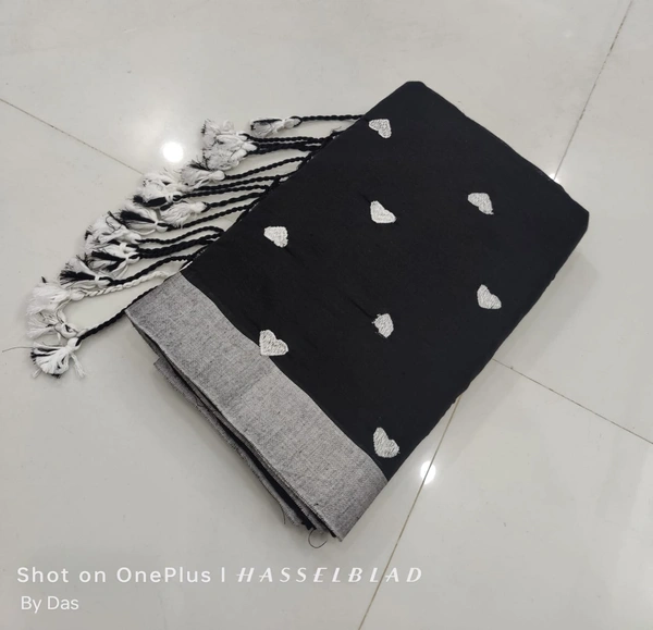Handloom Love Motive Embroidered Saree - Black