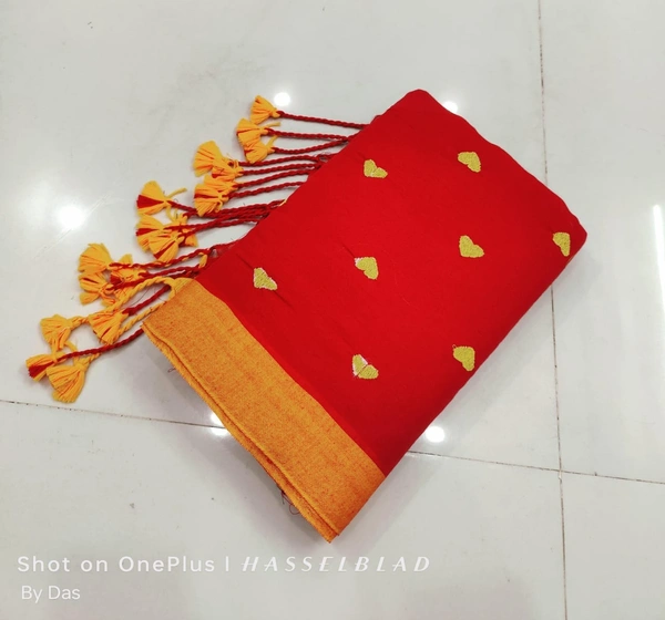 Handloom Love Motive Embroidered Saree - Red & Yellow