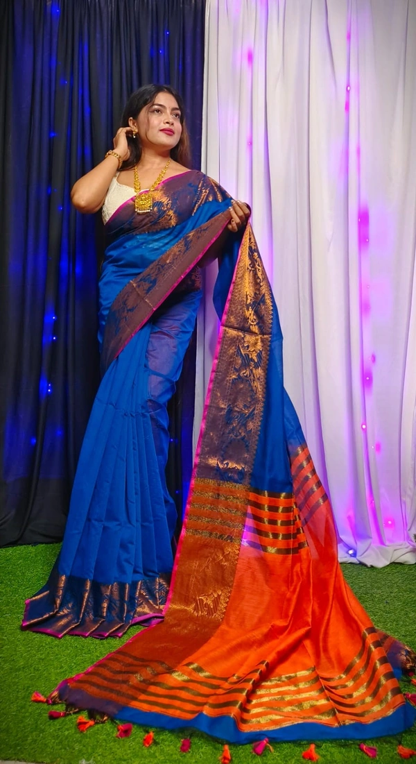 Raja Handloom Copper Zari Woven Border Saree - Blue