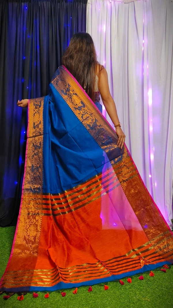 Raja Handloom Copper Zari Woven Border Saree - Blue
