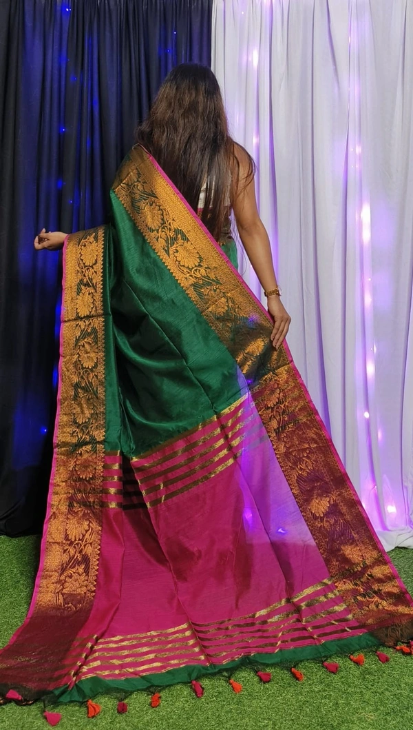 Raja Handloom Copper Zari Woven Border Saree - Japanese Laurel