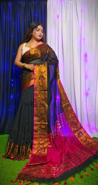Raja Handloom Copper Zari Woven Border Saree - Black