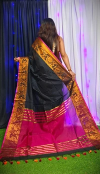 Raja Handloom Copper Zari Woven Border Saree - Black