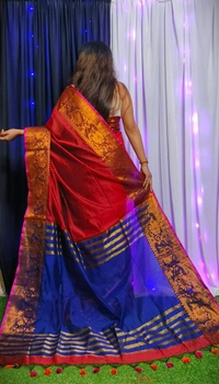 Raja Handloom Copper Zari Woven Border Saree - Red