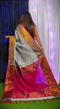 Raja Handloom Copper Zari Woven Border Saree - Silver