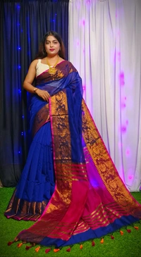 Raja Handloom Copper Zari Woven Border Saree - Royal Blue