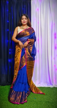 Raja Handloom Copper Zari Woven Border Saree - Royal Blue