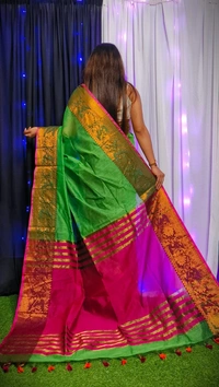 Raja Handloom Copper Zari Woven Border Saree - Forest Green