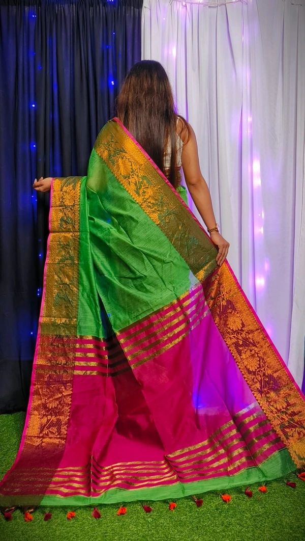 Raja Handloom Copper Zari Woven Border Saree - Forest Green