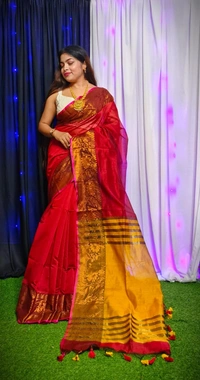 Raja Handloom Copper Zari Woven Border Saree - Maroon