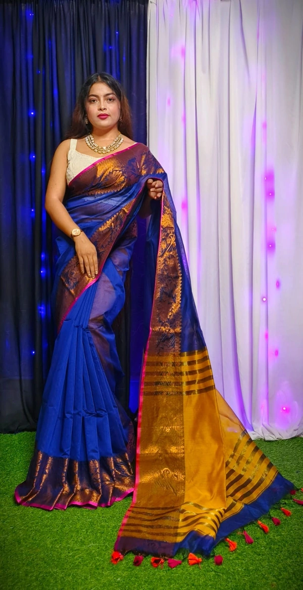 Raja Handloom Copper Zari Woven Border Saree - Navy Blue