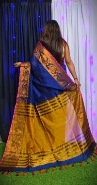Raja Handloom Copper Zari Woven Border Saree - Navy Blue