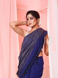 Handloom Solid Color Gichha Strips Pallu Saree - Navy Blue