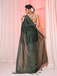 Handloom Solid Color Gichha Strips Pallu Saree - Parsley