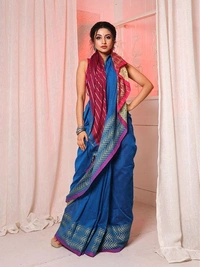Handloom Silver Zigzag Border Saree - Blue