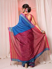 Handloom Silver Zigzag Border Saree - Blue